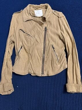 Free People Tan Asymmetrical Zip Leather Jacket